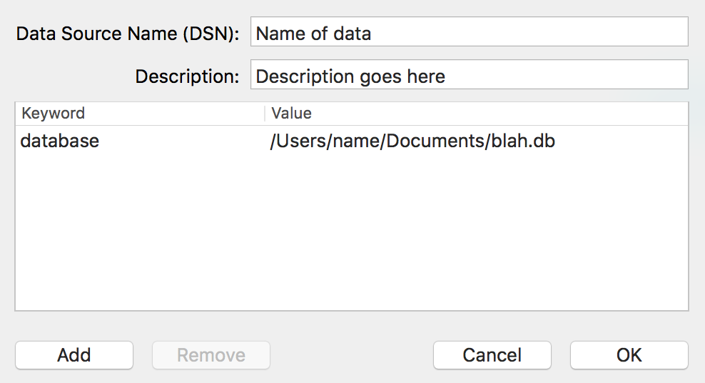 DSN setup dialog