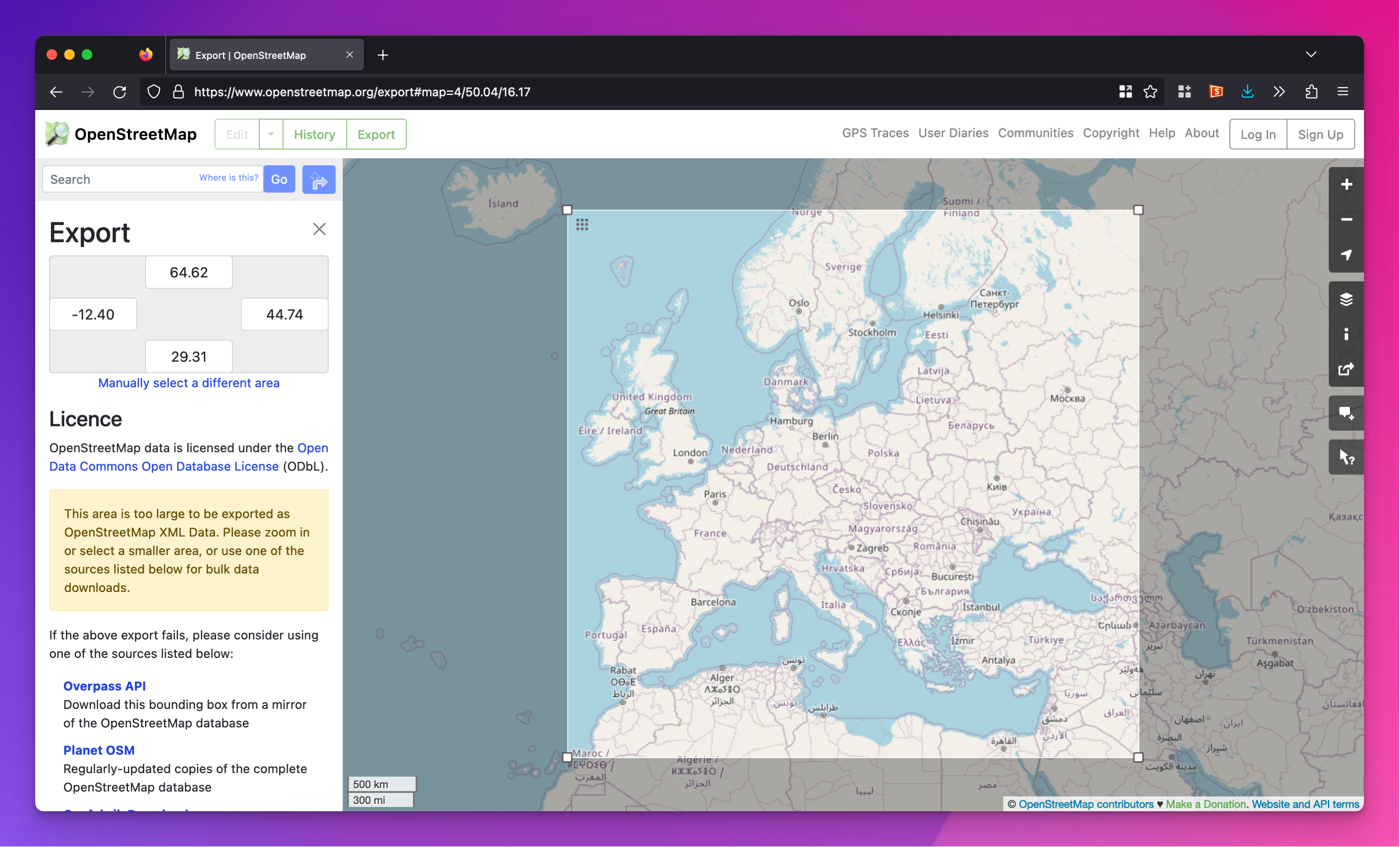 OpenStreetMap's site for exporting bounding box coordinates