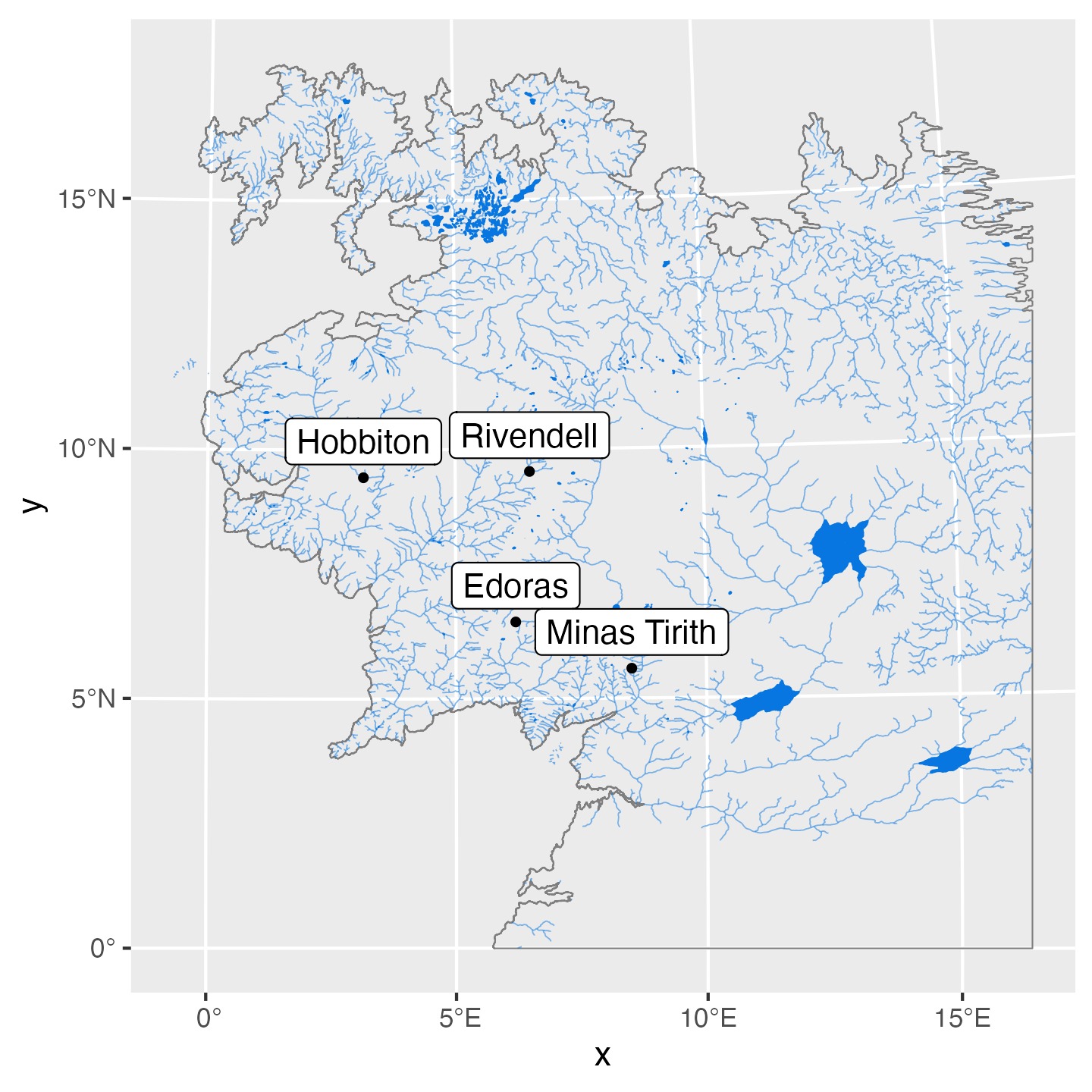 Middle Earth with rivers, lakes, and four cities