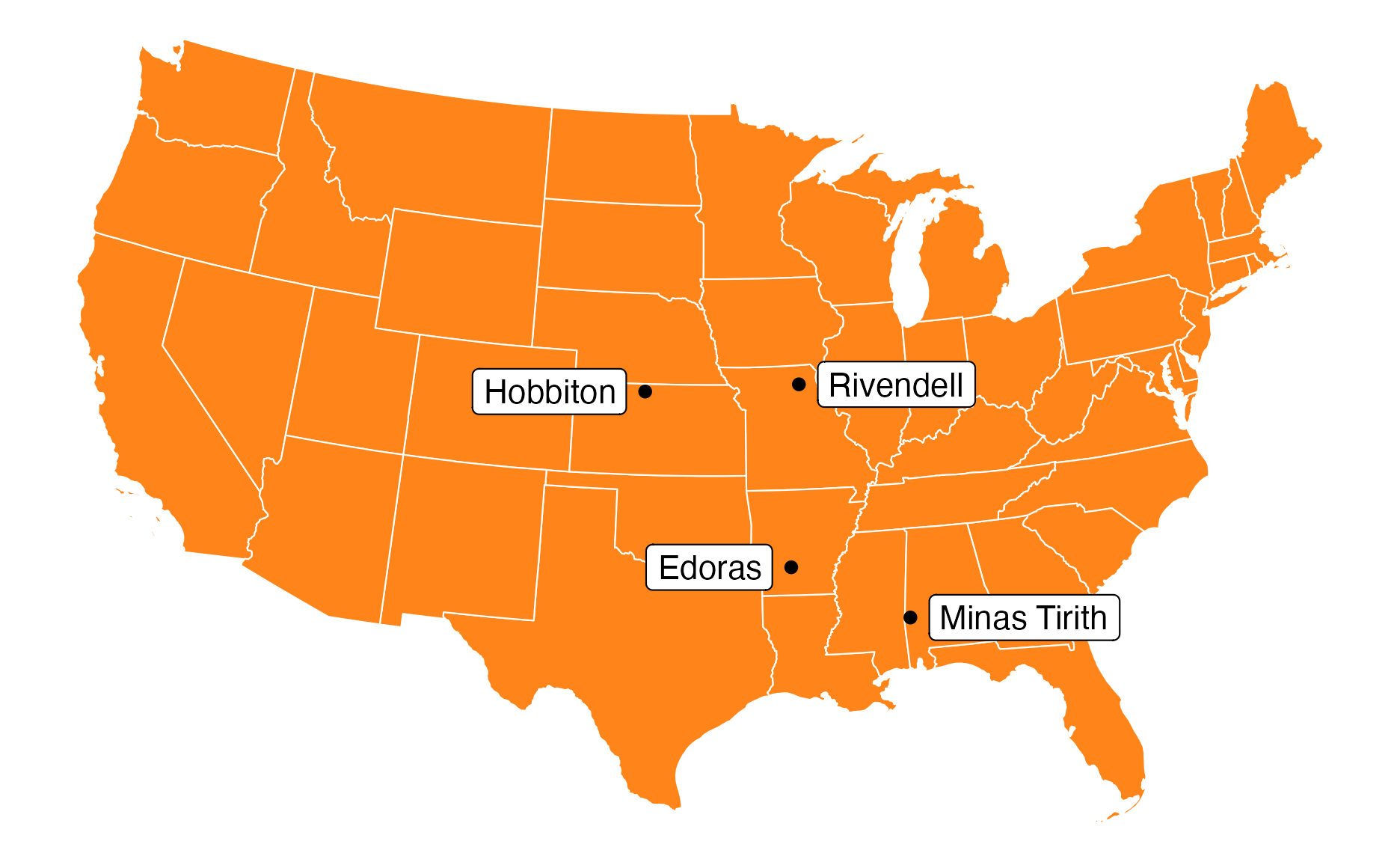 Middle Earth locations placed in the US