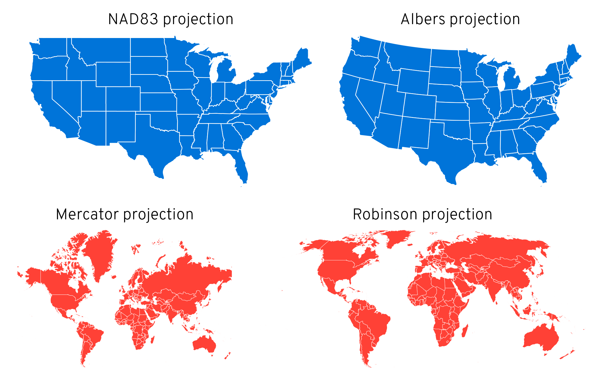 Examples of different North American and world map projections
