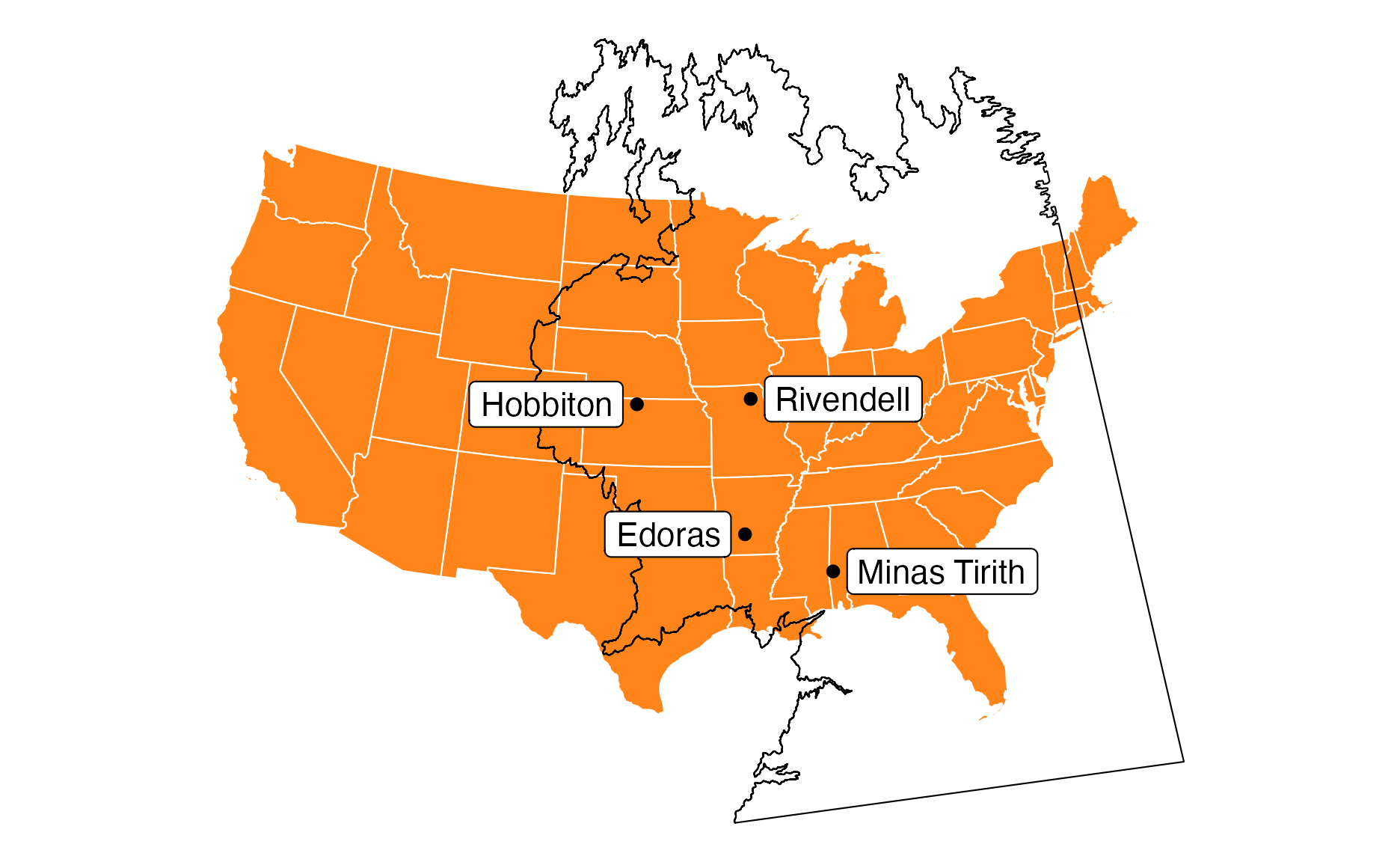 Middle Earth locations and borders placed in the US