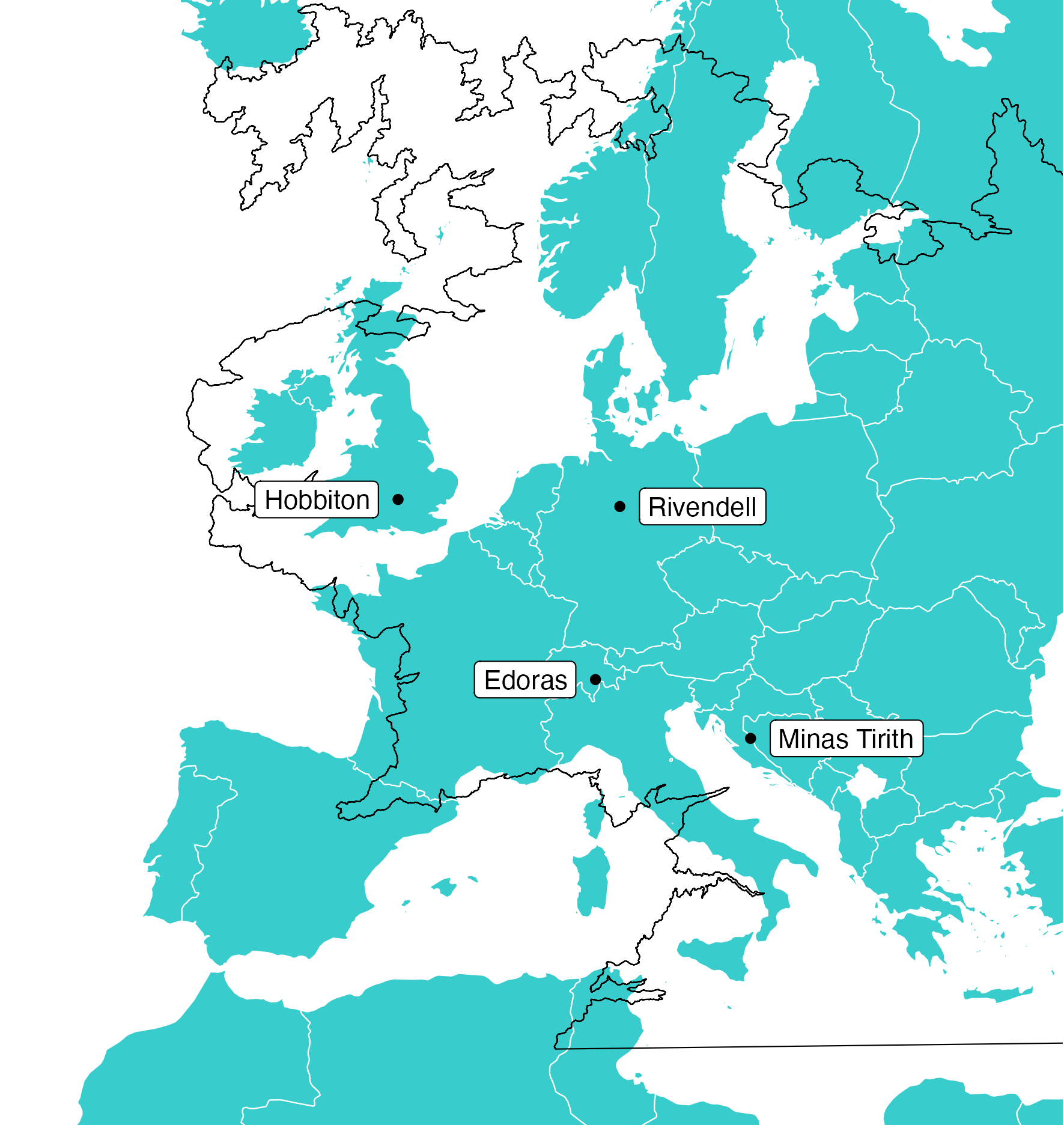 Middle Earth locations and borders placed in Europe