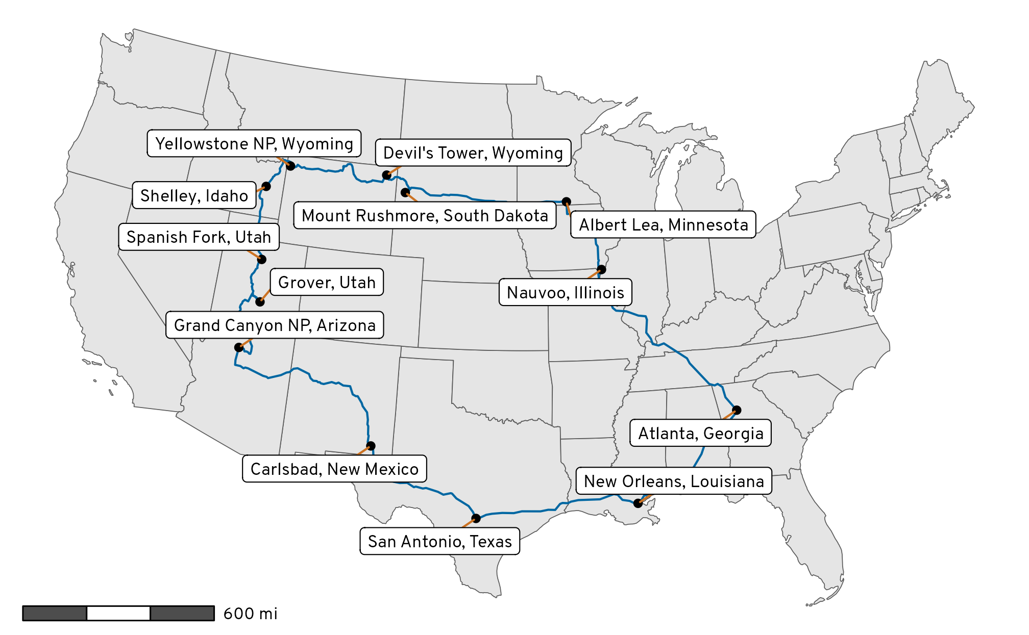 Automatically geocoded routes between all our road trip stops