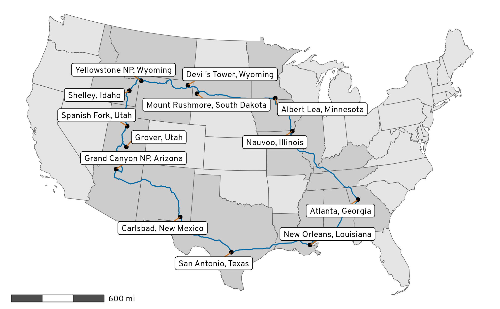 Map of road trip route with crossed-through states highlighted