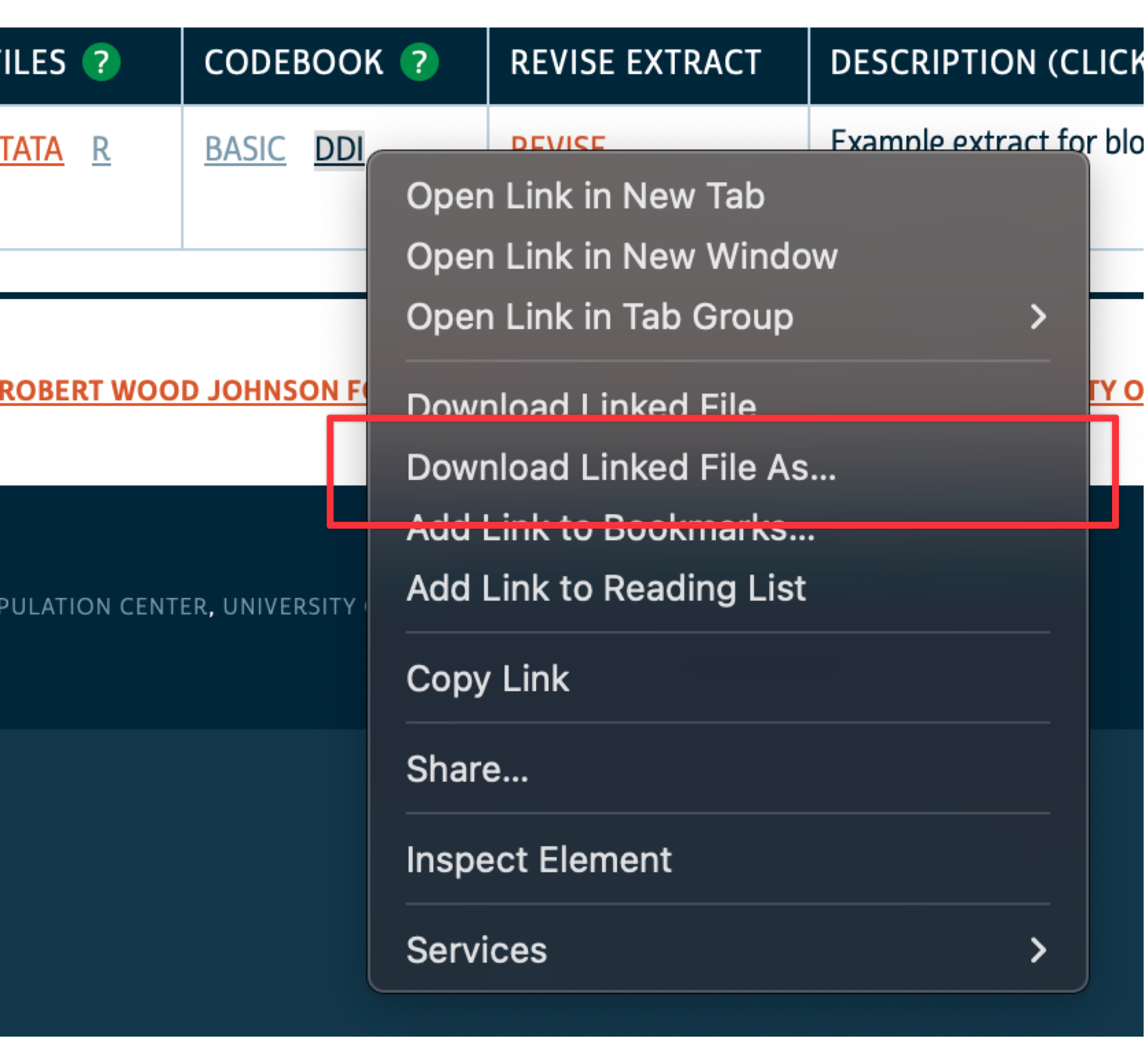 Context menu for the DDI codebook link