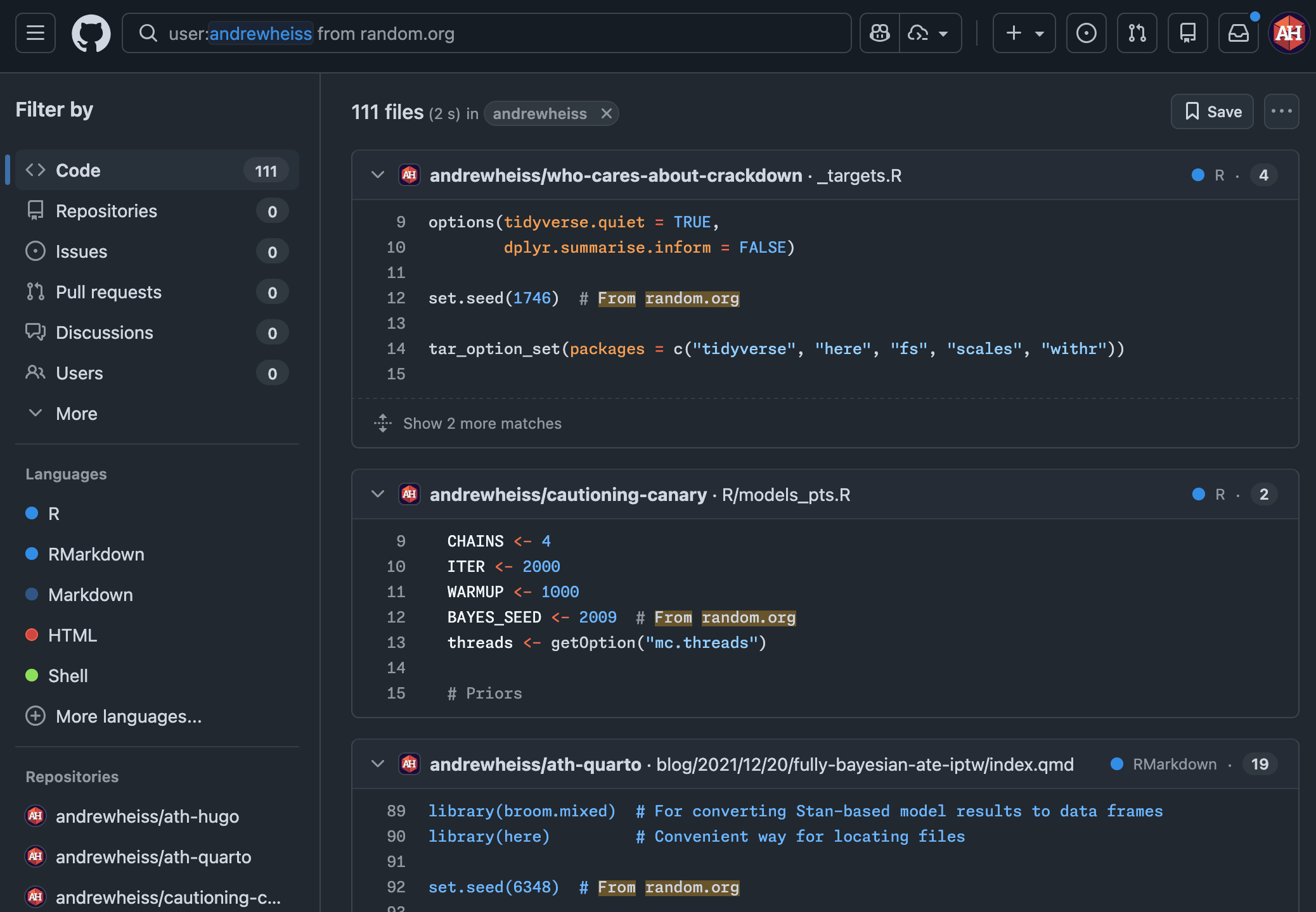 GitHub code search results for the phrase 'From random.org' across the author's repositories, showing multiple R script files that use Random.org-generated integers as seeds passed to set.seed().