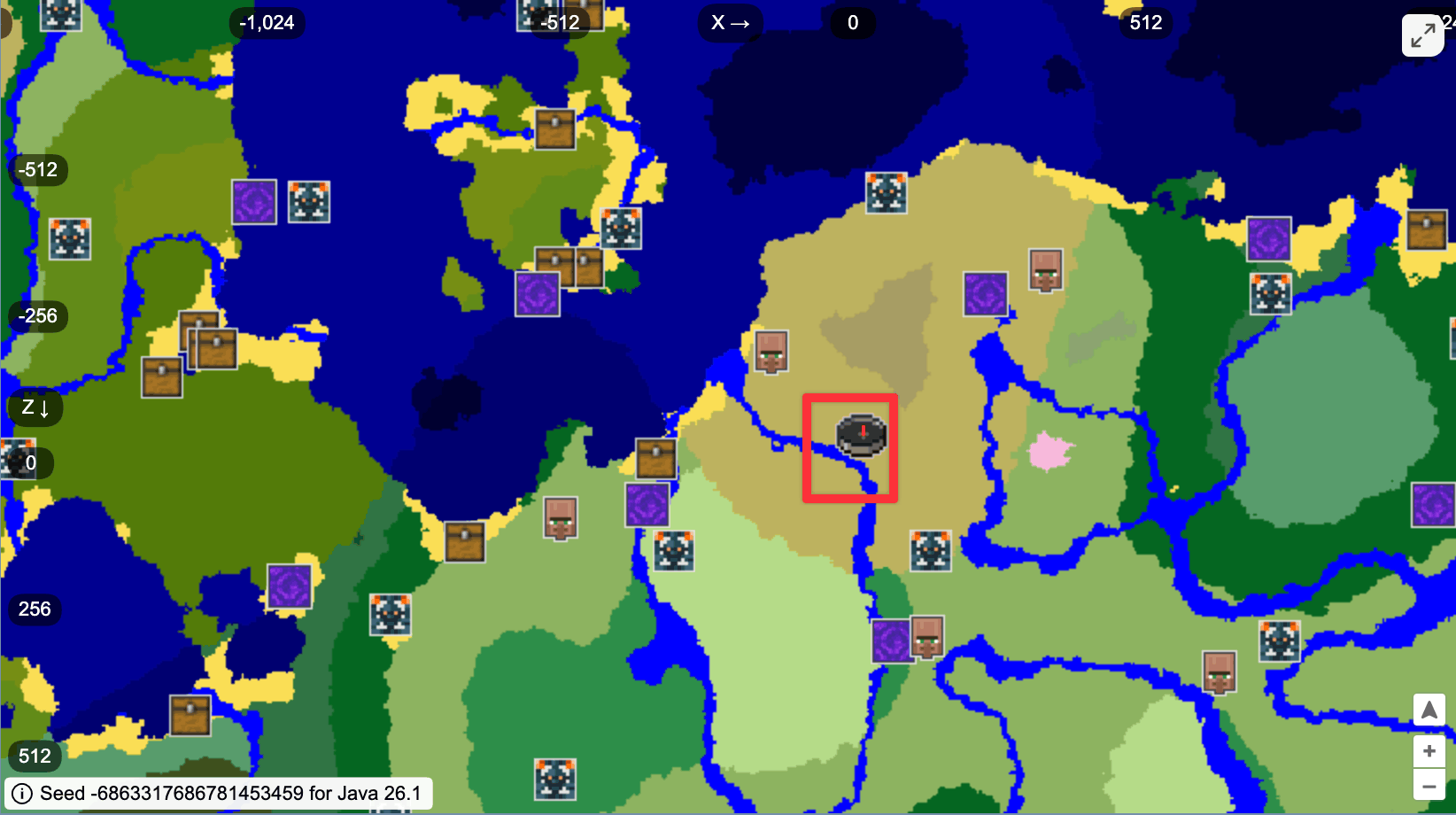 Chunkbase seed map showing the procedurally generated overworld for Minecraft seed -6863317686781453459. A compass icon marks the player's spawn location, and a red rectangle highlights the area visible in the in-game screenshot.