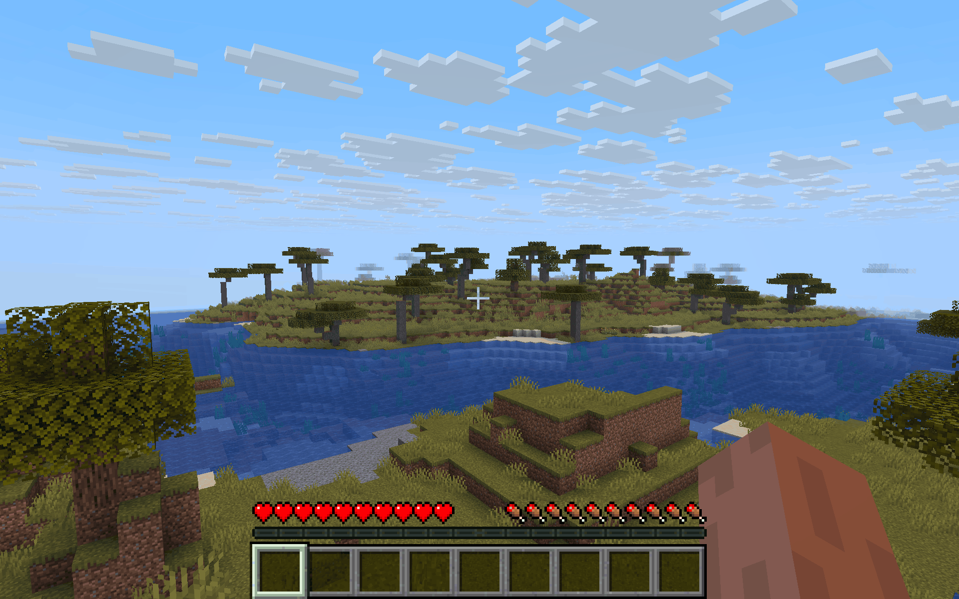 First-person Minecraft screenshot at a world spawn point. The player stands near a river, looking across the water toward an island in a savannah biome.
