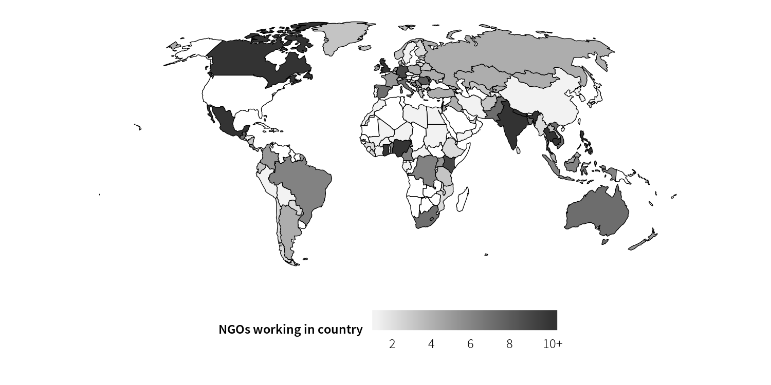Figure 1: Countries where NGOs work, excluding NGOs working only in the US