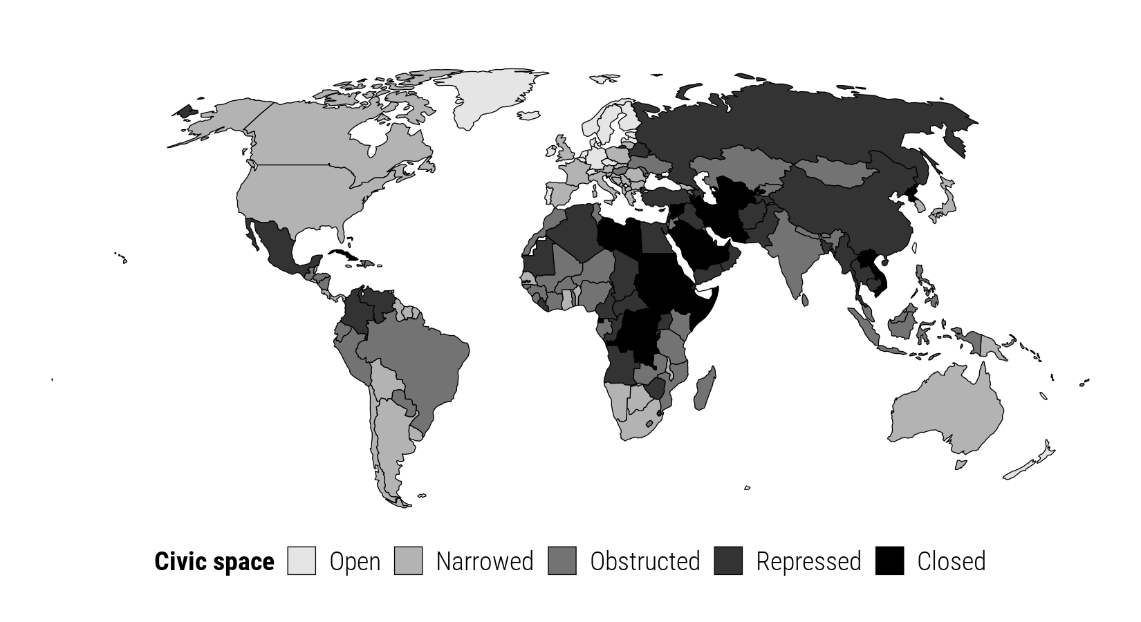 Figure 1: 2017 CIVICUS Monitor civic space ratings (CIVICUS 2017)